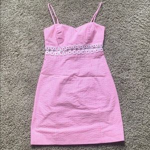 Spaghetti strap pink seersucker sundress